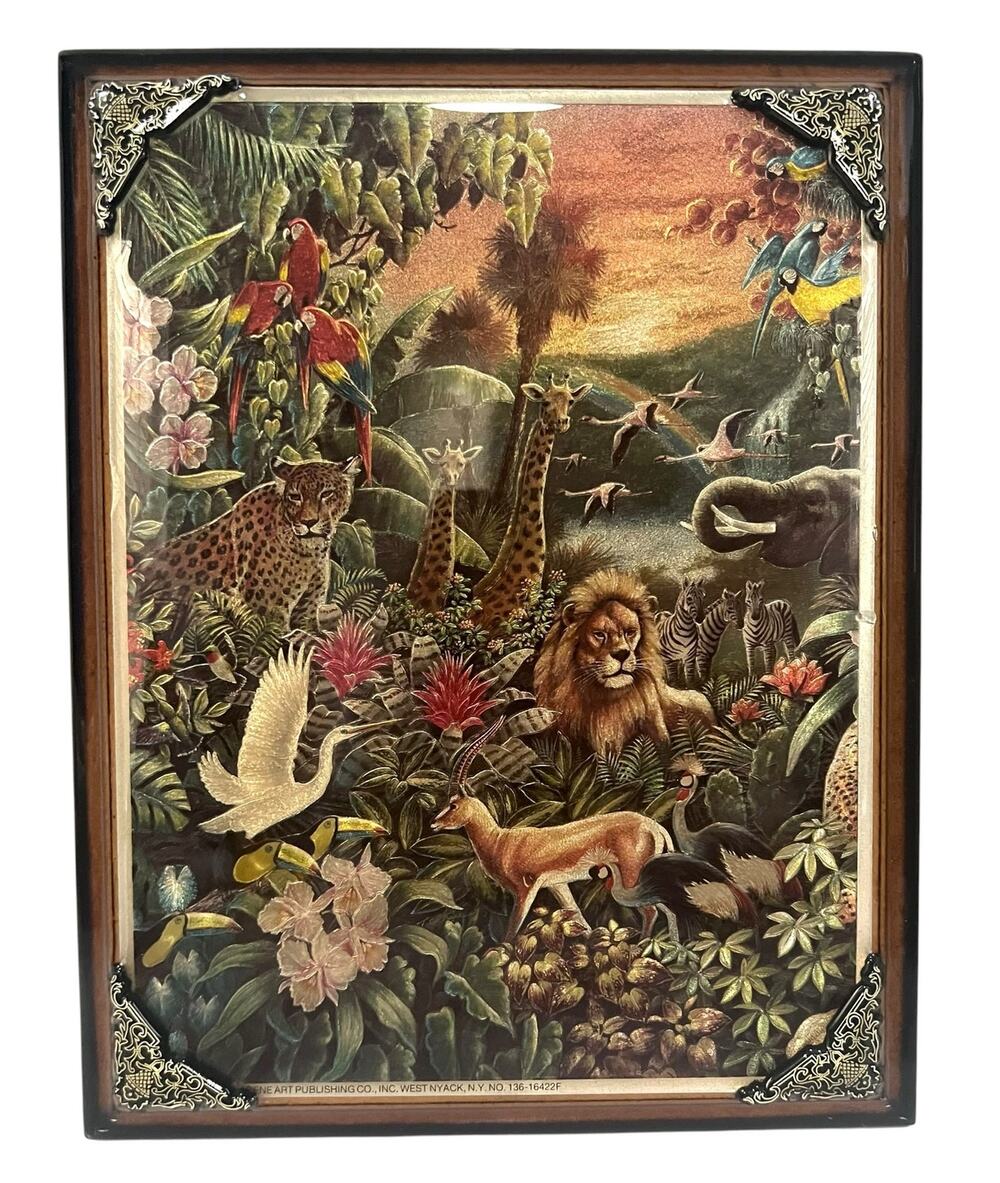 David Miller Vintage Metallic Print Art Plaque Jungle Animals Lion Cheetah